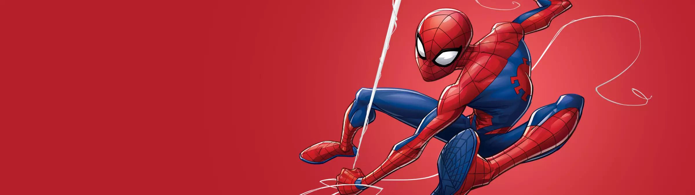 Spider-Man swinging from a web showcased on a red background